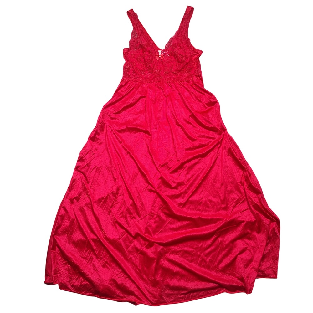 Shadowline Nightgown Womens M Lace V-Neck Sleeveless Full Length Red Solid 0996